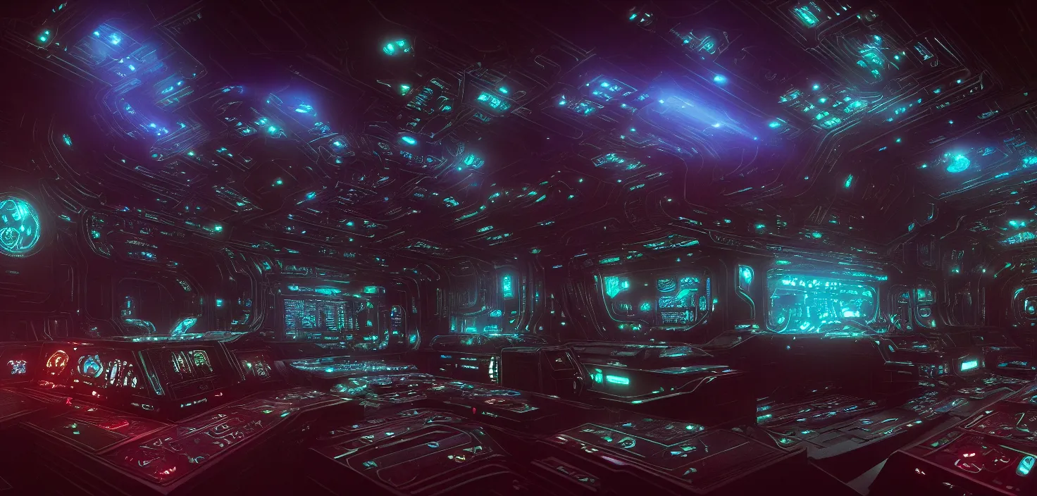 Image similar to Prometheus biological sci-fi environment set, glowing ship control panel, in a nightmarish universe of odd forms and somber tapestry, HR Giger and Vincent Di Fate, vivid color scheme, featured in artstation, octane render, cinematic, elegant, intricate, 8k