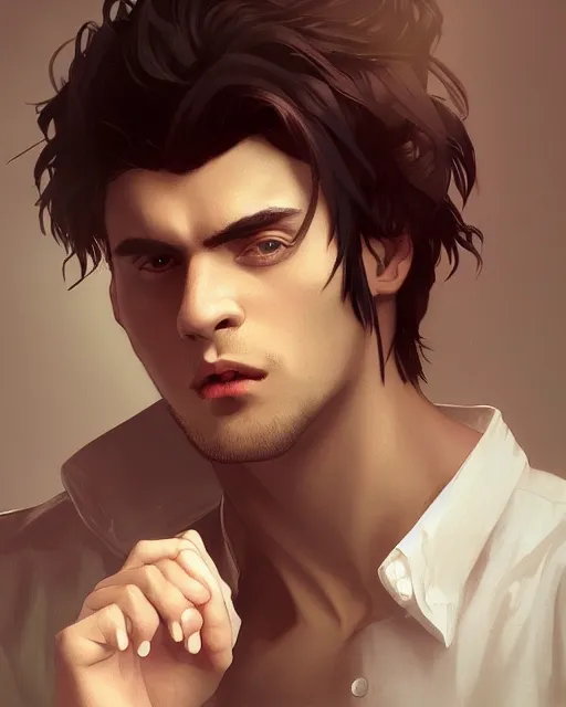 Image similar to 3 / 4 portrait, male vampire, brown skin, night, long dark red hair, dark blue shirt, beautiful, modern, detailed background, jewelry, earrings, ilya kuvshinov, alphonse mucha, william bouguereau, rossdraws, greg rutkowski, super detailed, realistic, octane render, volumetric, cinematic, 8 k