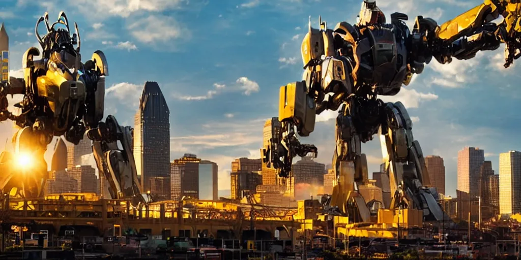 Image similar to a blockbuster style movie frame of a giant mechanical robot pig destroying pittsburgh