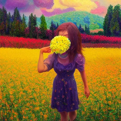 Image similar to girl with a giant flower as a face, surreal photography, dream, standing in flower field, hills, big trees, sunrise dramatic light, impressionist painting, colorful clouds, digital painting, pointillism, artstation, simon stalenhag, flower face