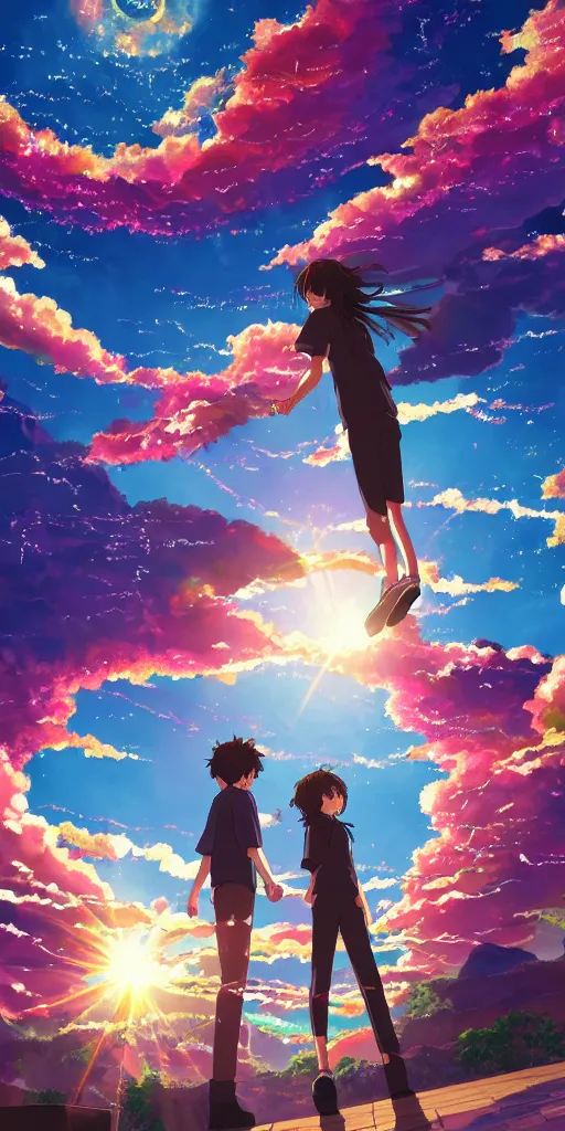 Prompt: a man and a woman holding hands under a beautiful sun drawn like the anime Your Name anime, intricate, psychedelic,