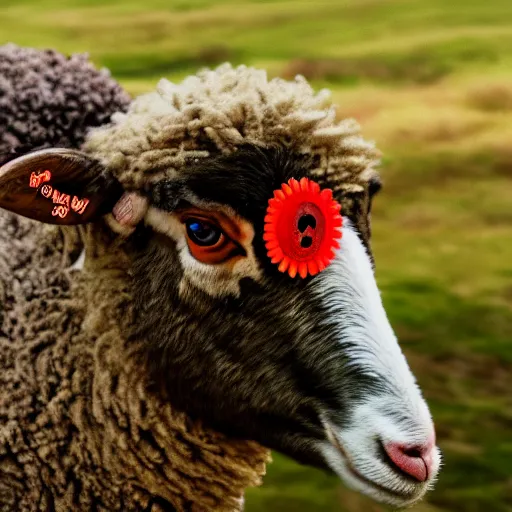 Image similar to camera bouquet effect photo of sheep unlocking sharingan, eye detailed,