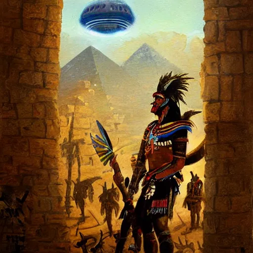 Prompt: simonetti rutkowski painting aztec warrior watching alien spaceship arriving to pyramid