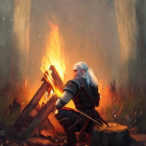 Image similar to geralt the witcher 3 sitting in front of a campfire at night alone warmth d & d fantasy intricate elegant highly detailed digital painting artstation concept art matte sharp focus illustration hearthstone art by artgerm art by greg rutkowski art by alphonse mucha