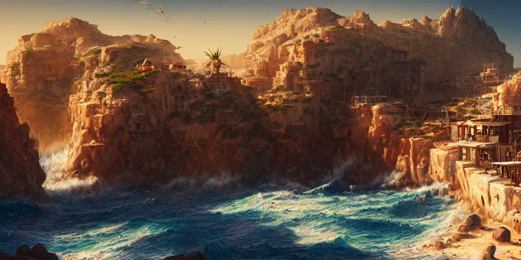 Prompt: an arid mediteranean wild west port town built along a cliff face, bright sun and crashing waves; detailed, best on artstation, cgsociety, wlop, cosmic, epic, stunning, gorgeous, masterpiece