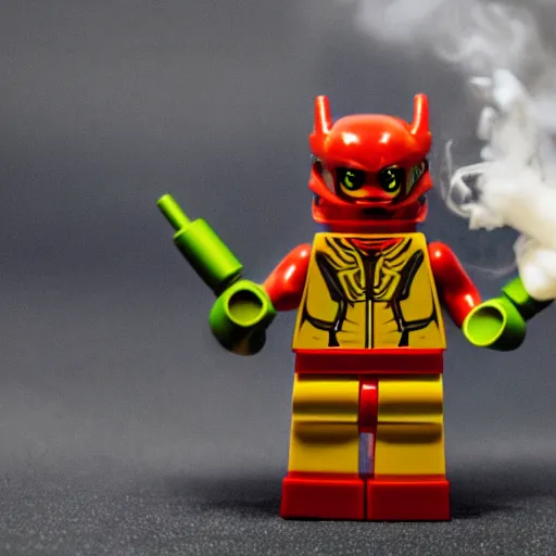 Image similar to A photo of LEGO Bionicle smoking a fat joint, lots of smoke, green red and yellow hues, 4k, award winning photo