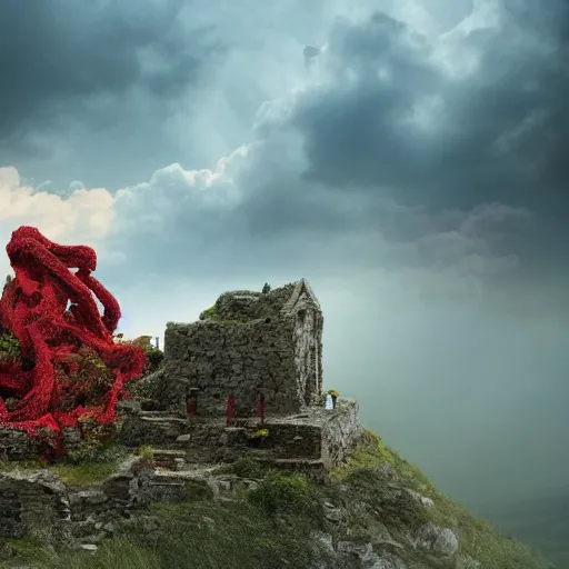 Image similar to the ruins of a village made out of stone on top of a cloud, overgrown with red vines, with a broken stone statue of a man in the middle of the ruins