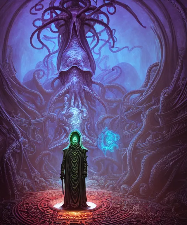 Image similar to hooded necromancer in front of a cthulhu within a viscosity fluid lovecraft portal, digital art by dan mumford and peter mohrbacher and wayne barlowe, intricate detail, subsurface scattering, ray tracing, unreal engine, octane render, synthwave color scheme