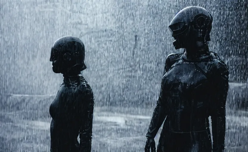 Image similar to cinestill 5 0 d candid photographic portrait by christopher nolan of two loving female androids wearing rugged black mesh techwear in treacherous waters, extreme closeup, modern cyberpunk moody emotional cinematic, pouring rain menacing lights shadows, 8 k, hd, high resolution, 3 5 mm, f / 3 2, ultra realistic faces, ex machina