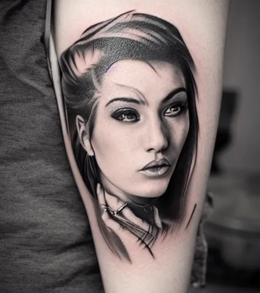 Prompt: tattoo design sketch of a beautiful woman face with a faded mountain scenery on her side, hyper - realistic, double exposure effect, in the style of matteo pasqualin, amazing detail, black and white, faded