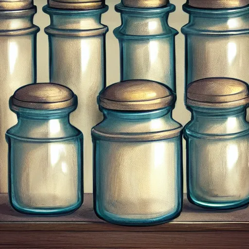 Prompt: close up of a collection of very old large glass jars on a shelf filled with weird life forms, digital painting, artstation, concept art, smooth, sharp focus, illustration, art