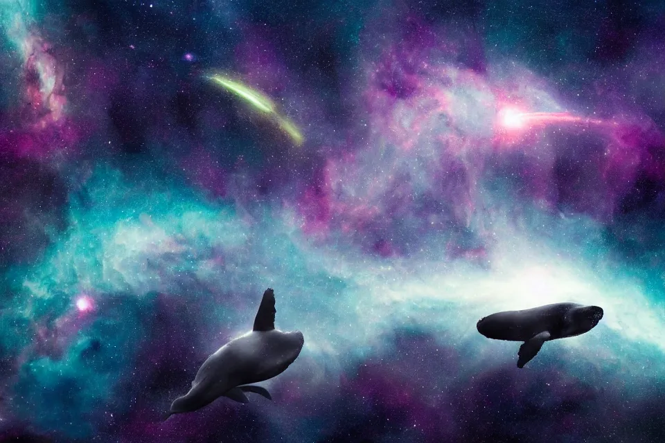 Prompt: a beautiful humpback whale made of stardust swimming through a colorful nebula in space while an astronaut watches from afar