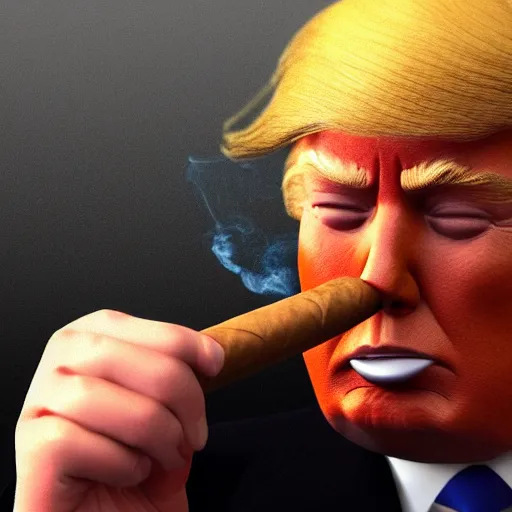 Image similar to a high quality photo of donald trump smoking a cigar, 3d scene, render, ultra realistic, artstation, cgsociety