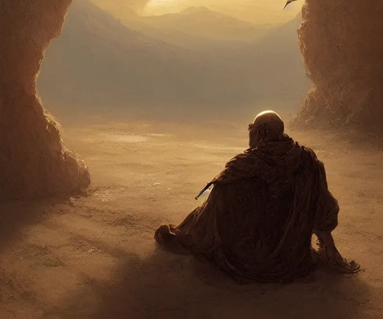 Image similar to lonely wanderer sitting at lap praying in desert, lit by the light of gods, abandoned by gods, hyperdetailed artstation cgsociety by greg rutkowski and by Gustave Dore