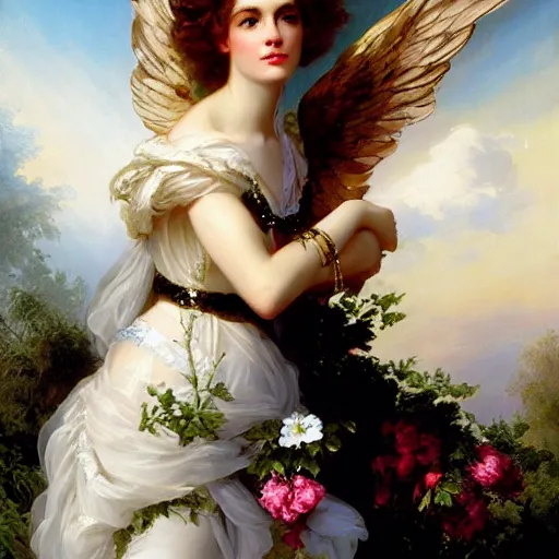 Prompt: Whitney Houston Goddess portrait, wings, luxuriant, dreamy, eternity, romantic, detailed intricate elegant, in the style of Franz Xaver Winterhalter, highly detailed, in the style of Aetherpunk