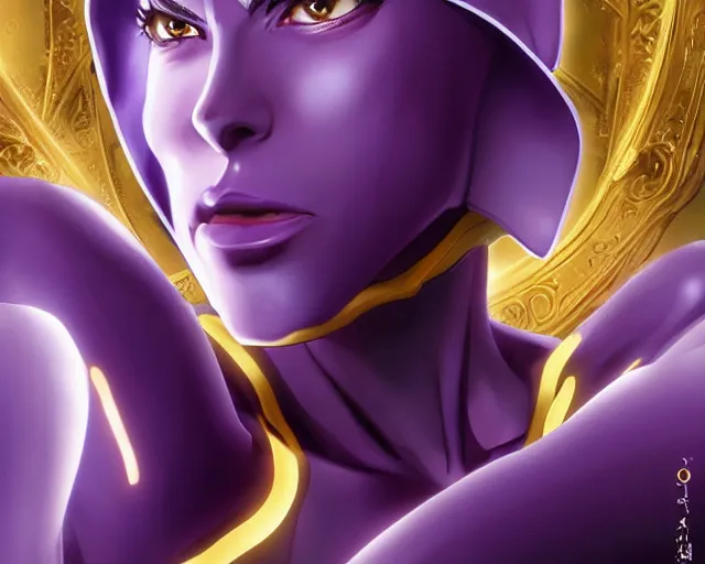 Image similar to thanos as a feminine beautiful muscular anime woman dressed as nun, highly detailed full body portrait, pretty face, elegant, breathtaking art, by artgerm and ilya kuvshinov