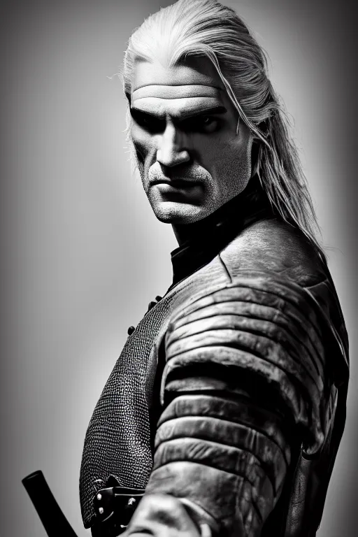 Prompt: portrait of geralt of rivia wearing an elegant tuxedo, 5 5 mm lens, professional photograph, black and white, elegant, serious, stern look