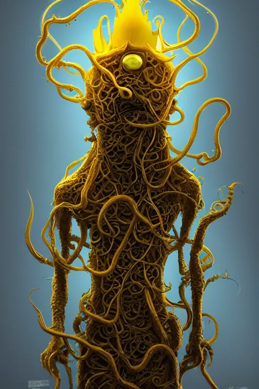 Prompt: A full body portrait of a mysterious character with no face with a very long hooded yellow cloak, a golden crown floating above his head tentacles coming out the ground art by Lee Griggs and Jason Chan, ominous, cosmic horror, trending on artstation, Ultra detailed, hyper realistic 4k