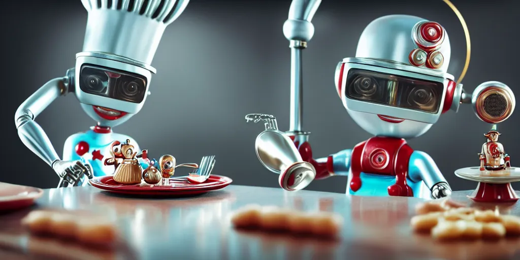 Image similar to closeup portrait of tin toy retro robot chef cooking pastry in a kitchen, depth of field, zeiss lens, detailed, centered, fashion photoshoot, by nicoletta ceccoli, mark ryden, lostfish, breathtaking, 8 k resolution, extremely detailed, beautiful, establishing shot, artistic, hyperrealistic, octane render