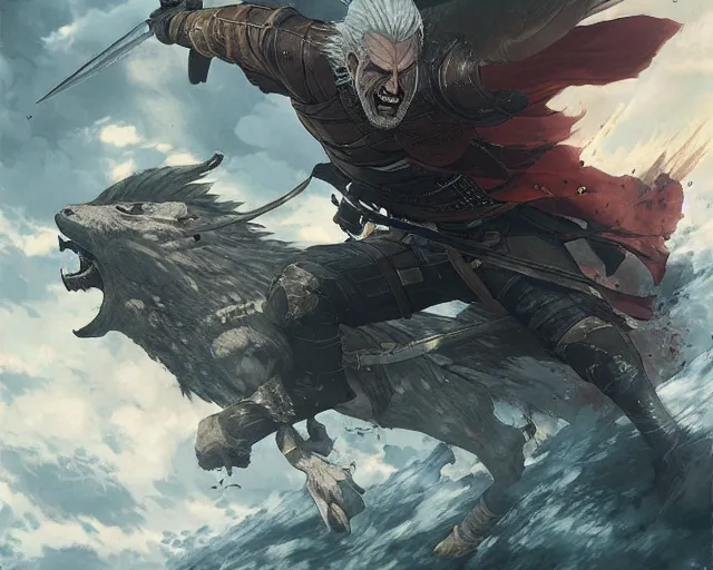 Prompt: geralt of rivia fighting a titan in attack on titan, greg rutkowski, anime