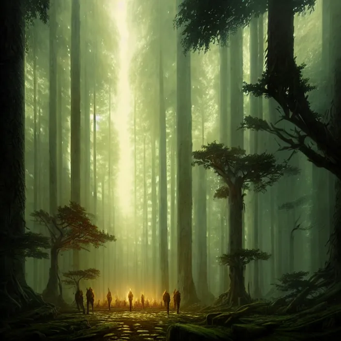 Prompt: the forest council, gods, environment, illustration, symmetrical, smoky, unreal engine, colors, epic scene, fantasy art by greg rutkowski, octane redner, golden raito, high quality, intricate details, highly details, intricate, atmosphere, highly detailed, matte painting, cinematic, deviantart, realistic, concept art, 4 k