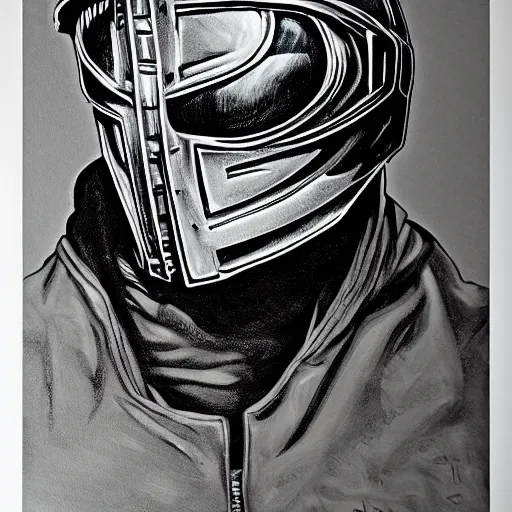 Prompt: mf doom, poster, paint out the shadows / highlight, metal, black, blue, dark, high level contrast, detailed shading, two degrees of highlight, two degrees of shading, pure black whites touch - ups, smudge, natural bruises, netral, sharpen, overlay, opaque, detailed rendered