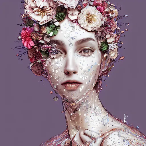 Image similar to the portrait of an absurdly beautiful, graceful, elegant, sophisticated, fashionable young woman made of strawberries and white petals with tears, an ultrafine hyperdetailed illustration by kim jung gi, irakli nadar, intricate linework, bright colors, octopath traveler, final fantasy, unreal engine 5 highly rendered, global illumination, radiant light, detailed and intricate environment