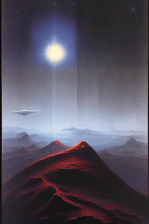 Prompt: emissary mountain space by arthur haas and bruce pennington and john schoenherr, cinematic matte painting, red lasers, photo realism, dark monochrome color palate, rule of thirds