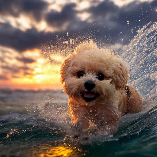 Image similar to a closeup photorealistic photograph of a cute smiling tiger bichon puppy splashing in the surf during sunset. professional capture, well lit shot. this 4 k hd image is trending on artstation, featured on behance, well - rendered, extra crisp, features intricate detail, epic composition and the style of unreal engine.