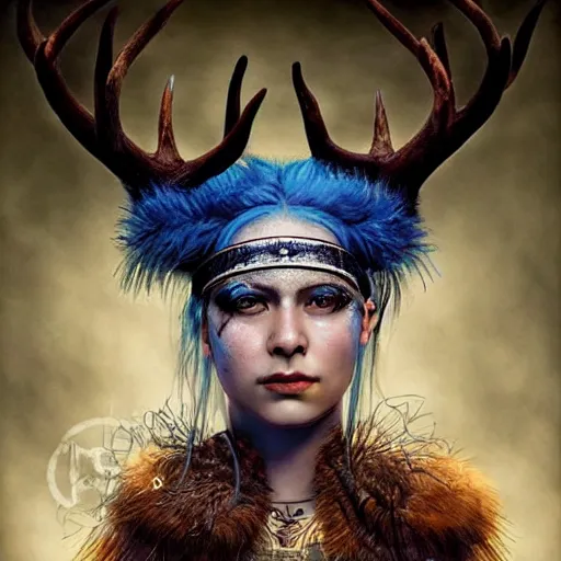 Image similar to A young female shaman, blue hair and antlers on her head. blindfolded, heilung, in the style of Heather Theurer, headshot photoshoot, insanely detailed and intricate, beautiful, elegant, cinematic toplight, portrait, headroom, artstation, karol bak