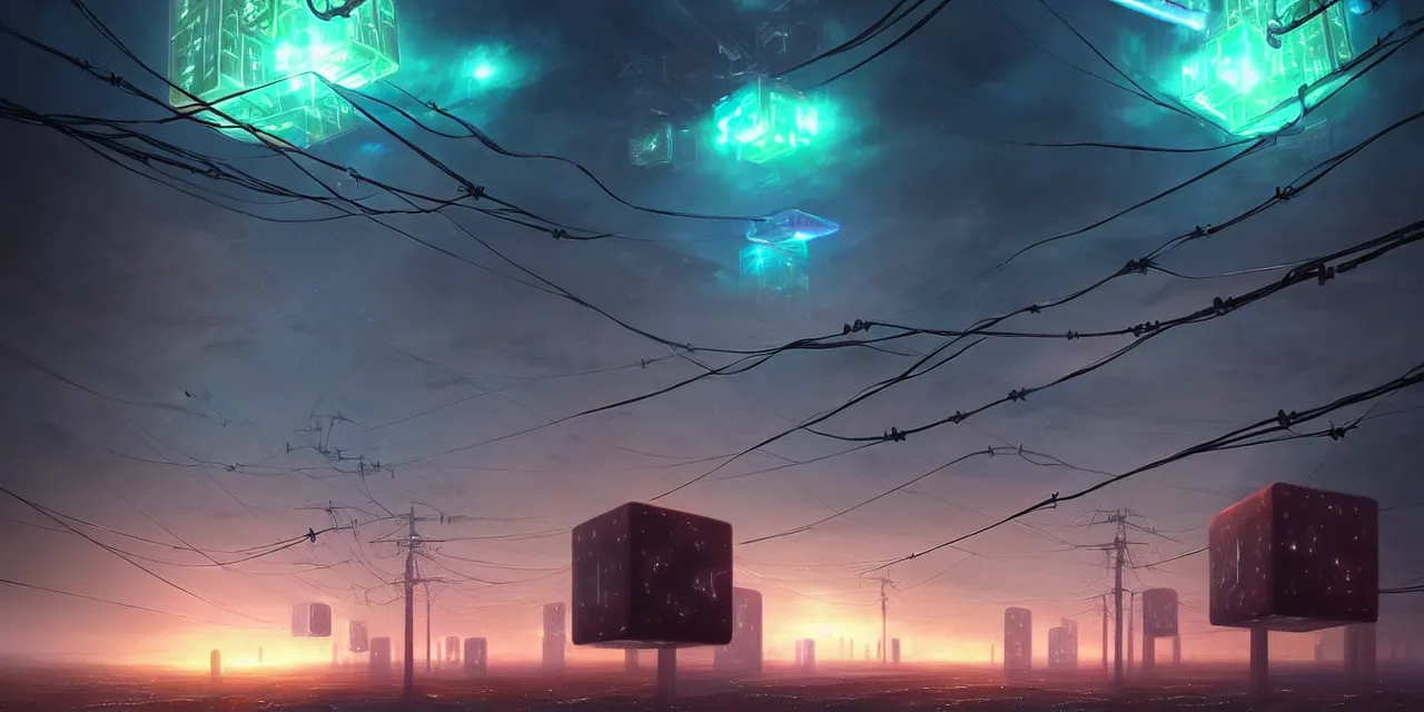 Image similar to a fleet of giant glowing futuristic cubes tied to each other with lots of wires in the sky, a fantasy magical landscape seen in the distance, atmospheric lighting, intricate, volumetric lighting, beautiful, sharp focus, ultra detailed, in the art style of marc simonetti, bowater charlie and brom gerald, astrophotography