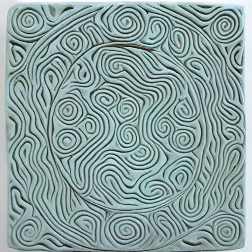 Image similar to serpentine twisty maze, thin lines, fractal, lichen macro, carved soapstone relief paneling white and pale blue