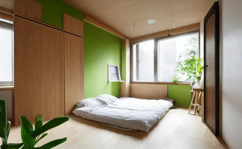 Image similar to interior of a small and compact minimalist bedroom in an apartment building, japanese style, bed, cupboards, bamboo wood, white, beige, bright, green wall, windows with a view of a green park, natural materials, modernist, swedish design, 8 k