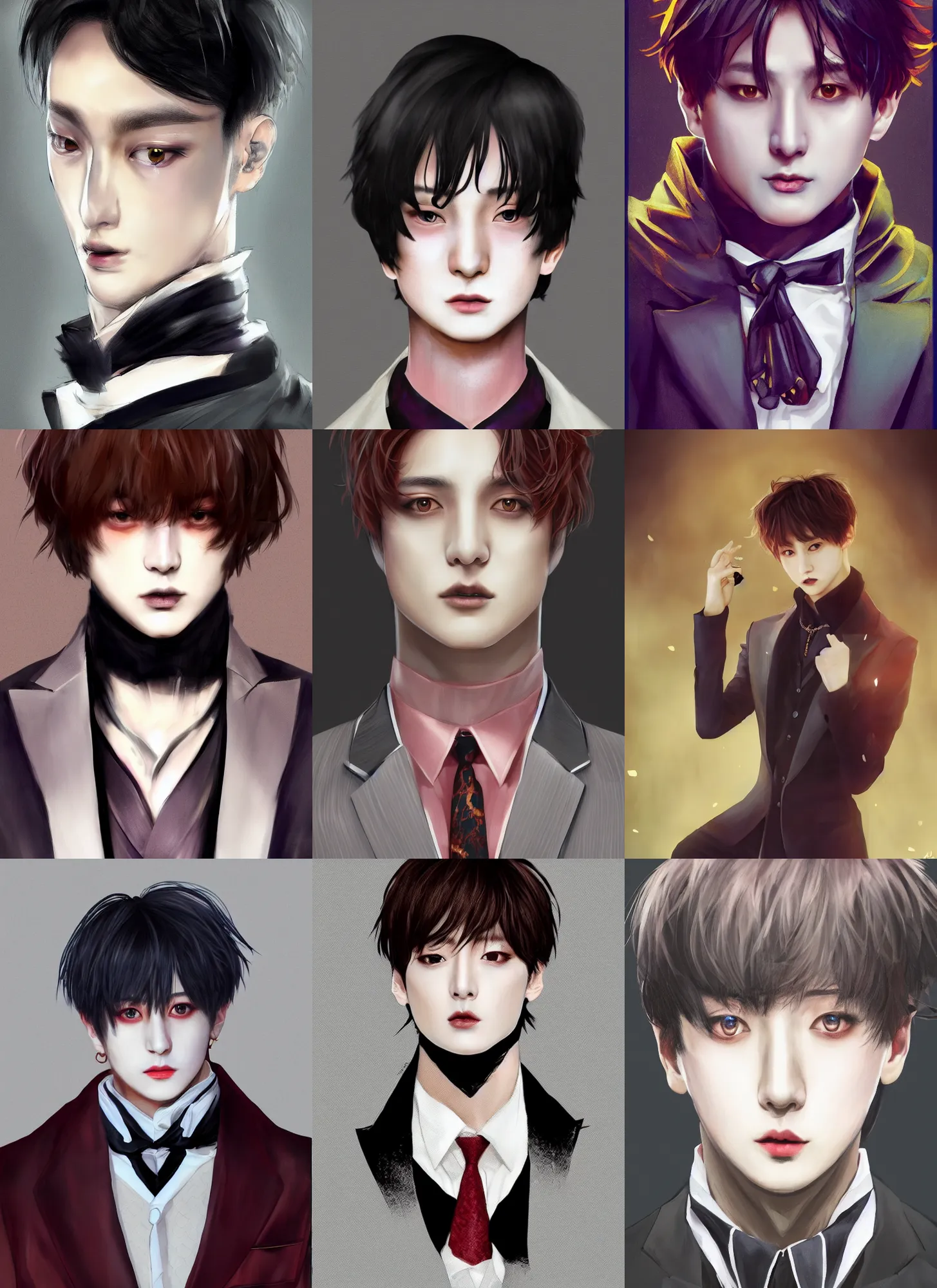 Prompt: jungkook jeon as a vampire. wearing intricate styled suit, semi realism, anime realism, korean symmetrical face, slim face, appealing, bright eyes, slightly larger nose, photorealism, korean, korean uhd, amazing depth, glowing, golden ratio, sakimichan, greg rutowski, volumetric lighting, cinematic lighting, korean korean, artstation concept art