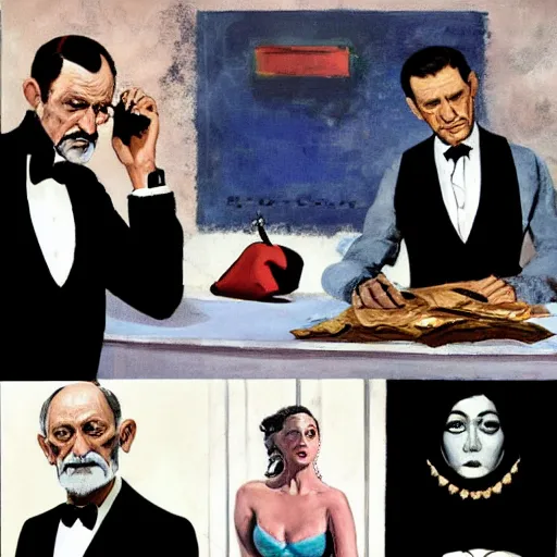 Image similar to sigmund freud as james bond, by robert e. mcginnis, by paula rego, by neo rauch, by eric fischl