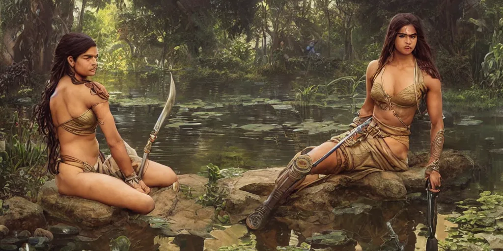 Image similar to Rugged female Sri Lankan warrior relaxing by a pond, relaxed, muscular, upper body, fantasy, intricate, elegant, highly detailed, digital painting, artstation, concept art, smooth, sharp focus, illustration, art by artgerm and greg rutkowski and alphonse mucha