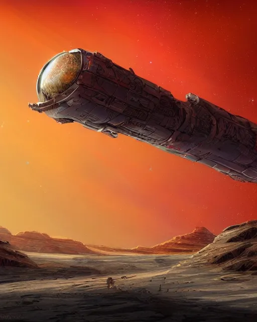 Image similar to ancient space ship, desert planet, cinematic, stars, galaxy, colorful sky, highly detailed, scifi, intricate digital painting, sunset, red glow, illustration, artstation