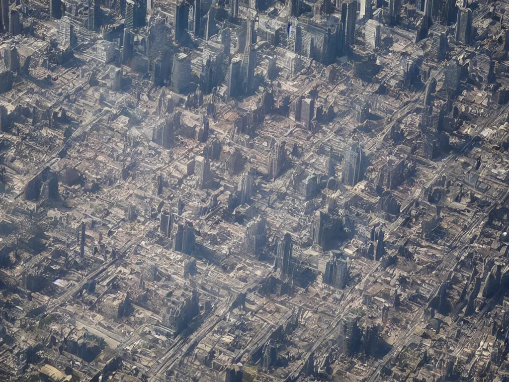 Image similar to city is being destroyed by a falling meteor, view from above, explosion, shreds, ruins