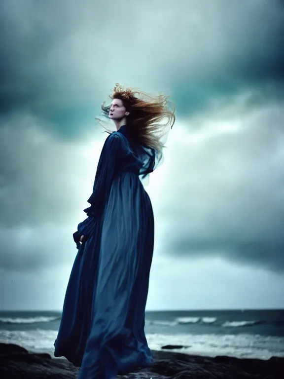 Image similar to cinestill 5 0 d photography of a woman britt marling 3 / 4 style of paolo roversi, dress in voile, hair like dark clouds floating on air, mute dramatic colours, soft blur outdoor stormy sea background, volumetric lighting, hyperdetailed, hyperrealistic