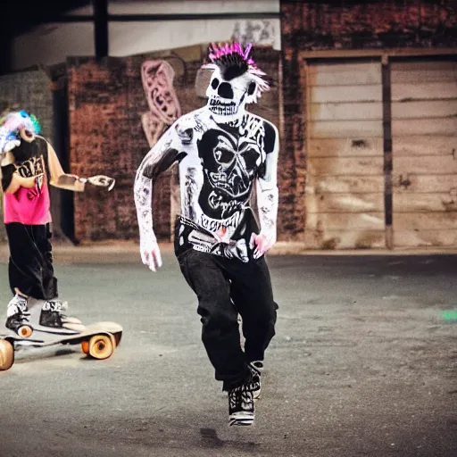 Prompt: darby allin skateboarding with skull facepaint through the neon slums