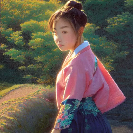 Prompt: detailed portrait of japanese girl, spring light, painting by alex horley