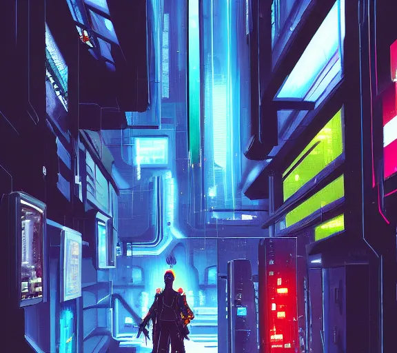 Prompt: a painting of a cyberpunk netrunner, street level