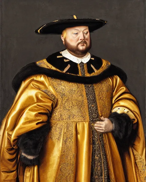 Image similar to fat dark gray cat with yellow eyes dressed like henry viii, tudor period robes in scarlet gold black, tudor bonnet, luxurious, opulent, regal, royal portrait, hans holbein the younger, greg rutkowski