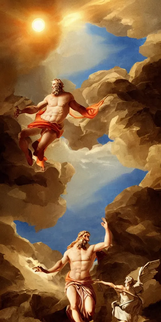 Image similar to a digital painting of Zeus descending from mount Olympus