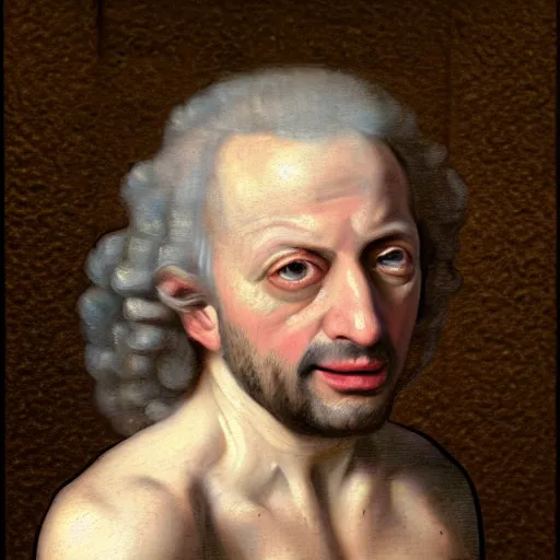 Image similar to A 17th century Baroque Painting of Gene Ween, grainy, realistic, hyperrealistic, very realistic, very very realistic, highly detailed, very detailed, extremely detailed, detailed, digital art, trending on artstation, detailed face, very detailed face, very detailed face, realism, HD Quality, 8k resolution, intricate details, body and head in frame, painting, oil painting, trending on deviantart, Baroque Painting