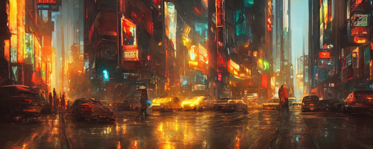 Prompt: an epic painting of the city street, oil on canvas, cold colors, perfect composition, golden ratio, beautiful detailed, photorealistic, digital painting, artstation, concept art, smooth, sharp focus, illustration, cyberpunk background, artstation trending, octane render, unreal engine