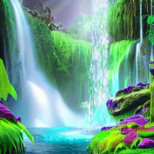 Prompt: waterfall alien nature photography octane render by lisa frank, john stephens, arthur adams, tim white