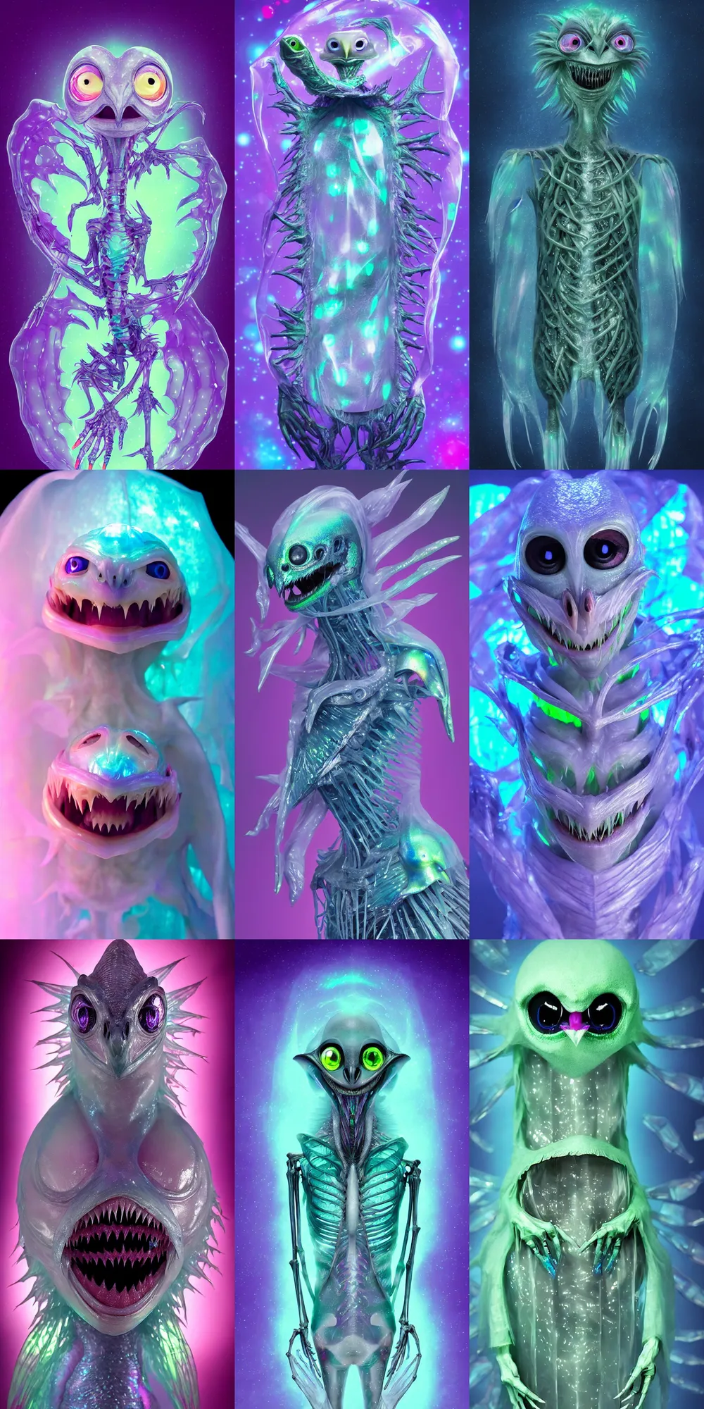 Prompt: kawaii image of a silly sci - fi saliva skeksis creature, super adorable, iridescent membranes, gaping gills and baleen, translucent skin shows haunting skeletal details in front of dark pastel and halogen bokeh lights, eerie, occult, gelatinous with teeth
