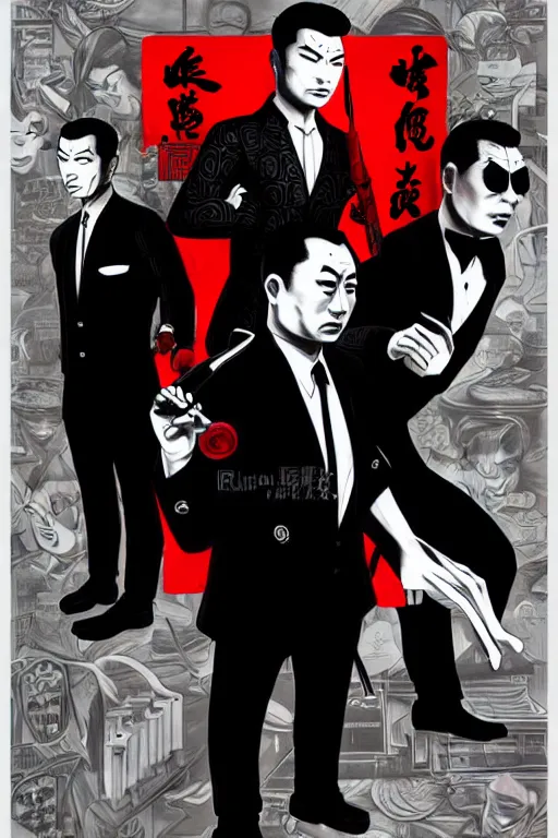 Prompt: chinnese mafia, with black suit and red tissue, some of leader have dragon tatto. digital art, concept art, pop art, bioshock art style, accurate, detailed, gta chinatown art style, l. a noire art style, dynamic, face features, body features, ultra realistic, smooth, sharp focus, art by richard hamilton and mimmo rottela