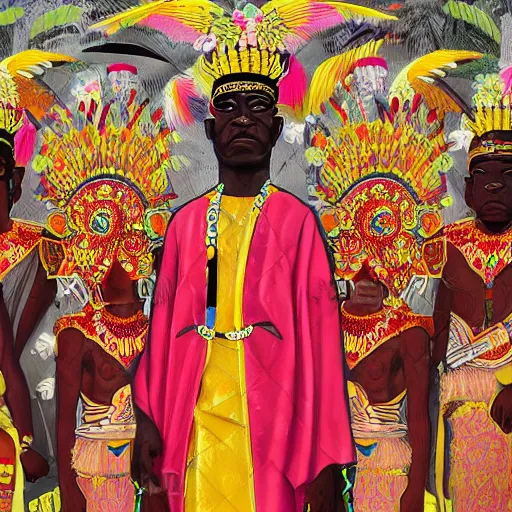 Image similar to highly detailed painting of the oba of benin surrounded by masquerades, fantasy, 8 k, realistic, symmetrical, digital illustration,